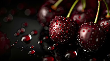 Water droplets on red cherries, black background, in the style of  dark silver and dark maroon, applecore