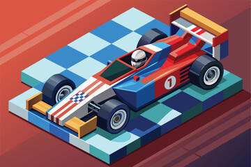 A vibrant isometric illustration showcases a customizable race car on a checkered tile surface, Race car Customizable Isometric Illustration