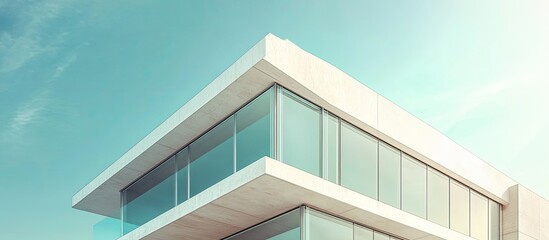 Fototapeta premium Sleek modern building with sharp angles and large glass windows against a light turquoise sky highlighting contemporary architectural design.
