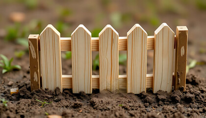 Small wooden fence standing in soil among plants symbolizing garden boundaries