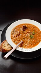 Georgian soup. Kharcho with rice, tomatoes, beef, garlic and herbs in the plate on black table Traditional Caucasian food spicy soup with lamb, tkemali and rice. Man showing pieces of meat with spoon.