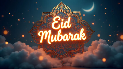 The image portrays a serene night sky with a glowing crescent moon and stars illuminating the words Eid Mubarak set against a dreamy landscape.