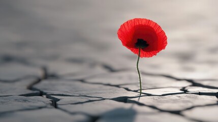 Delicate red flower stands resiliently against cracked, barren g