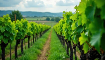 Rain lashed vineyard, vibrant green vines, Ribera del Duero, Spain , foliage, Castilla y Le?n