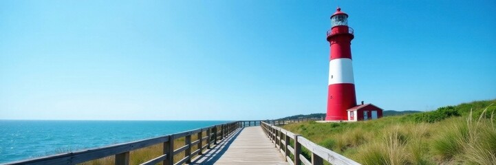 Striped lighthouse, wooden walkway, blue summer sky, landscape, blue