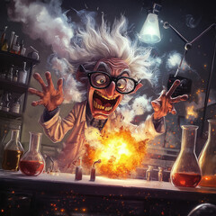 Screaming mad scientist explodes concoction in lab