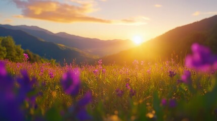 Obraz premium Mountain landscape at sunrise, lush meadows with vibrant purple flowers, soft golden light, peaceful atmosphere