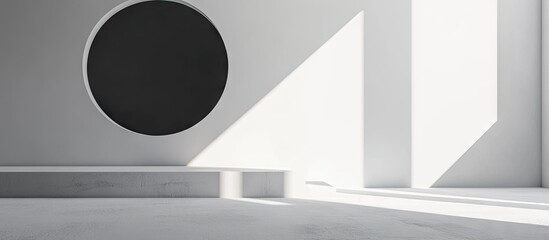 Modern minimalist interior with a large black circular wall feature on the left, dramatic sunlight casting shadows across the white walls and floor.