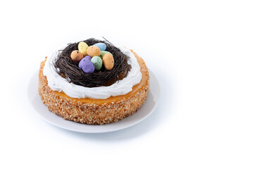 Homemade Easter egg cake isolated on white background. Copy space