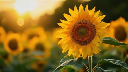 Vibrant Yellow Sunflower in a Field at Sunset