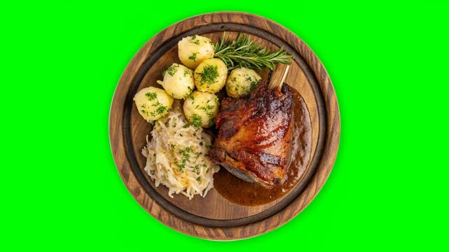 Pork knuckle. Seamless Loop. It has a ruddy, golden-brown crust. The meat inside is tender and juicy. On the plate. Potato dumplings. Sauerkraut. Fresh herbs. 