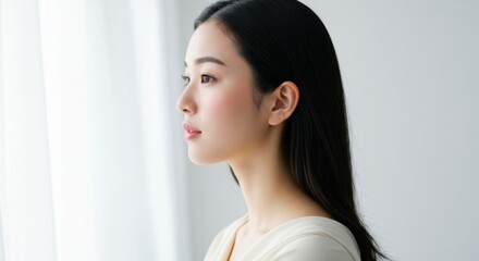 Thoughtful Asian woman looking through a window on white background