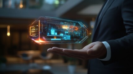 Business professional using holographic technology to showcase data analytics in a modern office environment