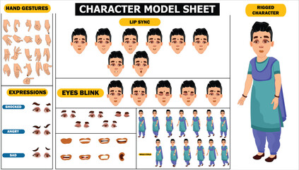 Old, young beautiful indian woman in saree, spritesheet of woman character, including eyes blink, lip sync and hand poses and face expressions