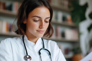 Focused healthcare professional reviewing patient notes with car