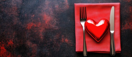 Valentine's Day dining scene featuring a red heart-shaped plate on a vibrant red napkin with a fork and knife positioned on a dark textured background