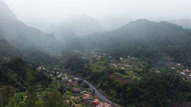 Aerial Drone majestic mountains of Encumeada pass, Madeira island, Portugal