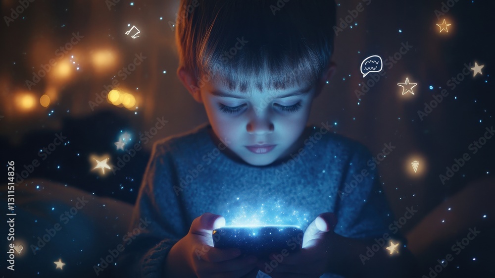 Poster child boy holds phone in hands with notification icons of like, message, comment and star floating a