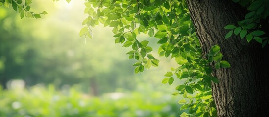 Fototapeta premium Green Foliage on Thick Tree Trunk Bathed in Soft Sunlight with a Blurred Green Background