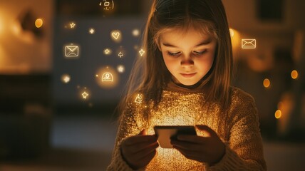 Child girl holds phone in hands with notification icons of like, message, comment and star floating above smartphone screen, social media and digital communication