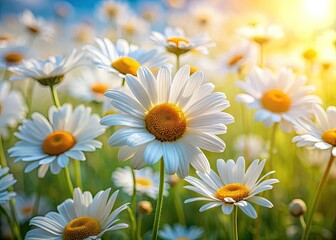 Fototapeta premium Macro lens captures sun-drenched white daisies, serene beauty in a field of pristine blooms.