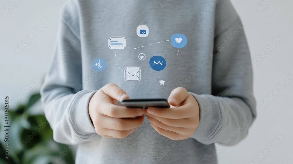 Poster child touching smartphone screen, displaying floating holographic icons representing messaging, sett