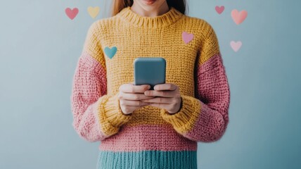 Woman smiling brightly, scrolling through social media notifications on smartphone, experiencing digital validation and joy like