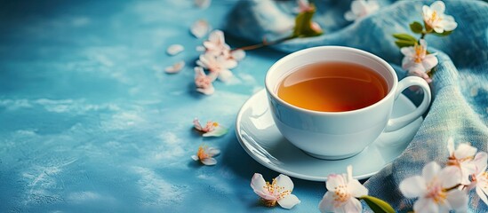 Delicate white tea cup filled with amber tea on a soft blue surface adorned with cherry blossom petals and flowing fabric.
