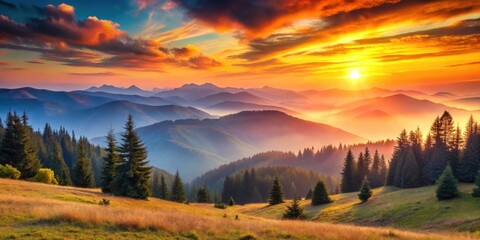 Golden Hour Serenity Majestic Mountain Panorama at Sunrise with Misty Valleys and Evergreen Trees