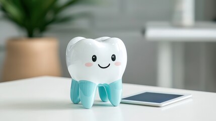 Happy tooth model on table with tablet.