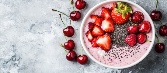 Smoothie bowl topped with fresh strawberries and cherries on a gray concrete background, featuring chia seeds and ample copy space.