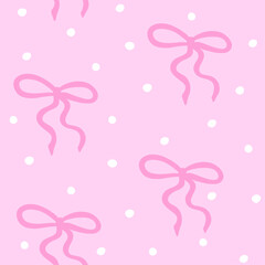 Cute Coquette seamless patter. Pretty Girly Bows and Dots on Pink background. Trendy feminine romantic template for wedding cards, nursery, wrapping. Vector Illustration.