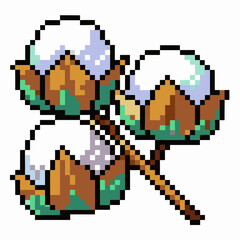 Pixel Art Cotton Plant Retro Botanical Illustration of a Cotton Branch