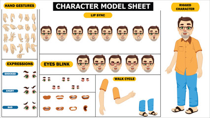 Man, Indian man, spritesheet and modelsheet of a man ready to use for aniamtion, vector man, fully rigged with eye blink, lip sync and hand gestures