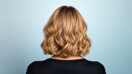 Naklejka premium Woman with flowing blonde waves facing away, displaying relaxed, healthy hair texture nice haircut Copy space for text