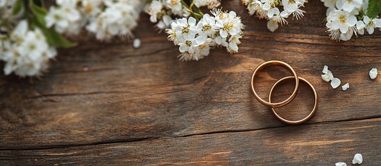Gold wedding rings resting on a rustic wooden surface surrounded by white blossoms creating a romantic atmosphere with ample copy space.