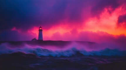 Dramatic sunset over ocean with lighthouse silhouette in stormy weather