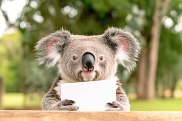 Obraz premium Cute koala holding blank sign, surrounded by lush greenery, smil
