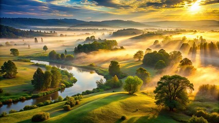 Obraz premium Misty morning: ethereal dawn light bathes foggy fields in serene, captivating nature.