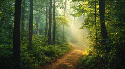 Sunlit Forest Path Misty Morning - Nature photography