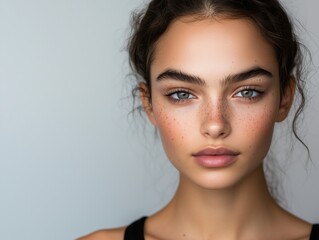 Beautiful woman freckles model portrait. AI generated