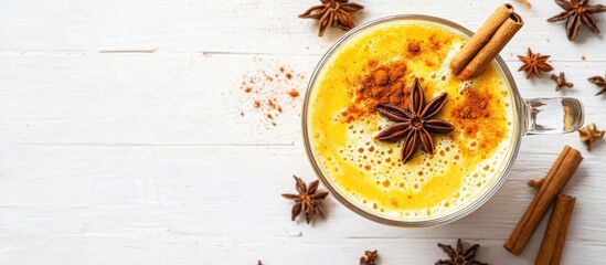 Golden turmeric latte in a glass topped with star anise and cinnamon sticks on a white wooden surface with spices around showcasing a warm vegan drink
