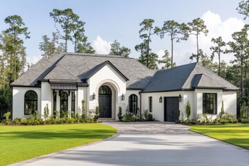 A stunning modern home featuring exquisite architectural design is nestled among leafy trees, basking in the sunshine within a serene neighborhood