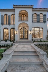 Fototapeta premium Luxurious modern villa with elegant architecture and welcoming entrance in serene suburban neighborhood during twilight hours