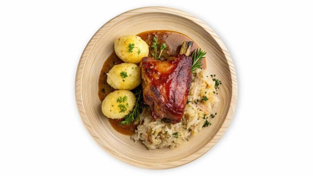 Pork knuckle. Seamless Loop. It has a ruddy, golden-brown crust. The meat inside is tender and juicy. On the plate. Potato dumplings. Sauerkraut. Fresh herbs. 