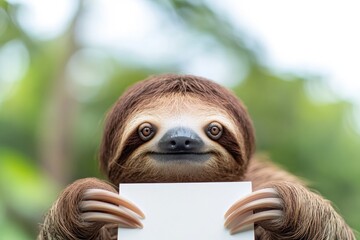 Naklejka premium Gentle sloth holds blank card with playful expression in lush se