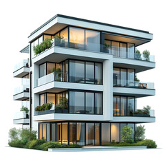 Modern apartment building design with balconies and greenery,