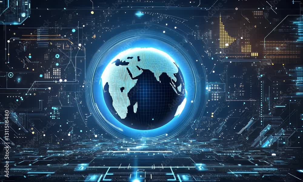 Poster global network data visualization, futuristic interface, digital earth, background charts, tech pres
