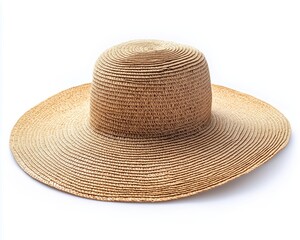 Wide-brimmed straw hat for sun protection and style. Isolated on white background