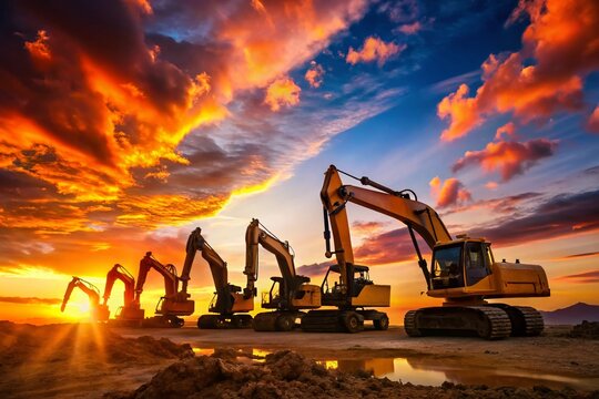 Silhouette of Heavy Construction Excavators at Sunset - Industrial Machinery Stock Photo